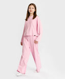 Пижама с рипсени панталони и тениска с дълъг ръкав лавандулова за момиче Button Blue