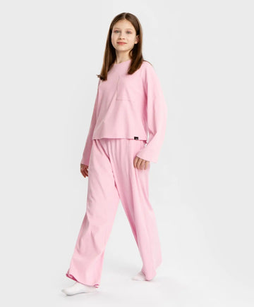 Пижама с рипсени панталони и тениска с дълъг ръкав лавандулова за момиче Button Blue