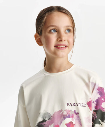 Лонгслив за момиче свободен модел с асиметричен принт, млечнобял Gulliver