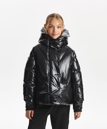 Зимно яке за момиче капитонирано, на изкуствен пух, от лъскав шушляк, черно Gulliver