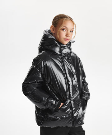 Зимно яке за момиче капитонирано, на изкуствен пух, от лъскав шушляк, черно Gulliver