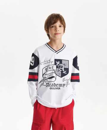 Лонгслив за момче с V-образно деколте, бял Gulliver