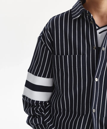 Трикотажна риза с дълъг ръкав за момче на райе с принт, синя Gulliver